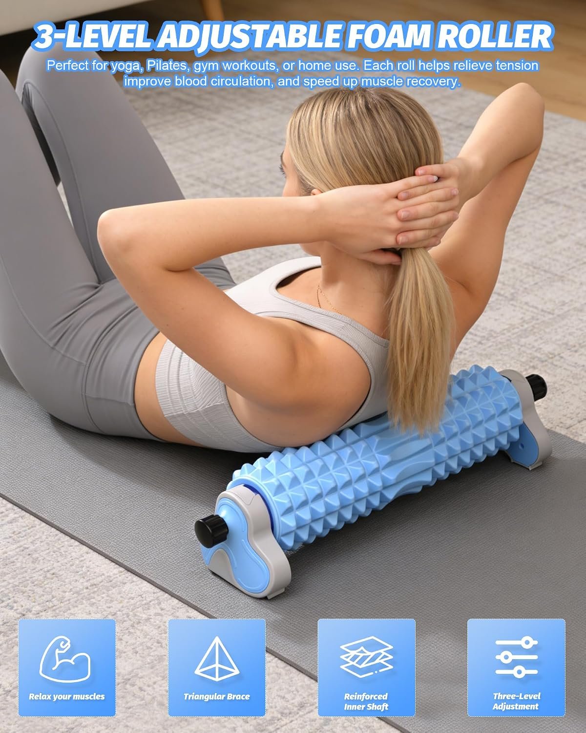 Muscle Relief 3-Gear Adjustable Foam for Exercise,Yoga,Sturdy Triangle Bracket with Thickened Reinforced Inner Shaft,Pilates Foam Roller for Home Fitness & Body Relaxation Training (Blue)