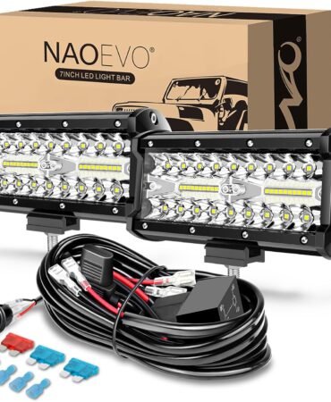 NAOEVO 7 Inch LED Light Bar, 240W 24,000LM Offroad Fog/Driving Lights LED Pods with 2 Leads Wiring Harness Kit, Spot Flood Combo Beam, Work for Truck Boat UTV ATV, 2-Pack (White)