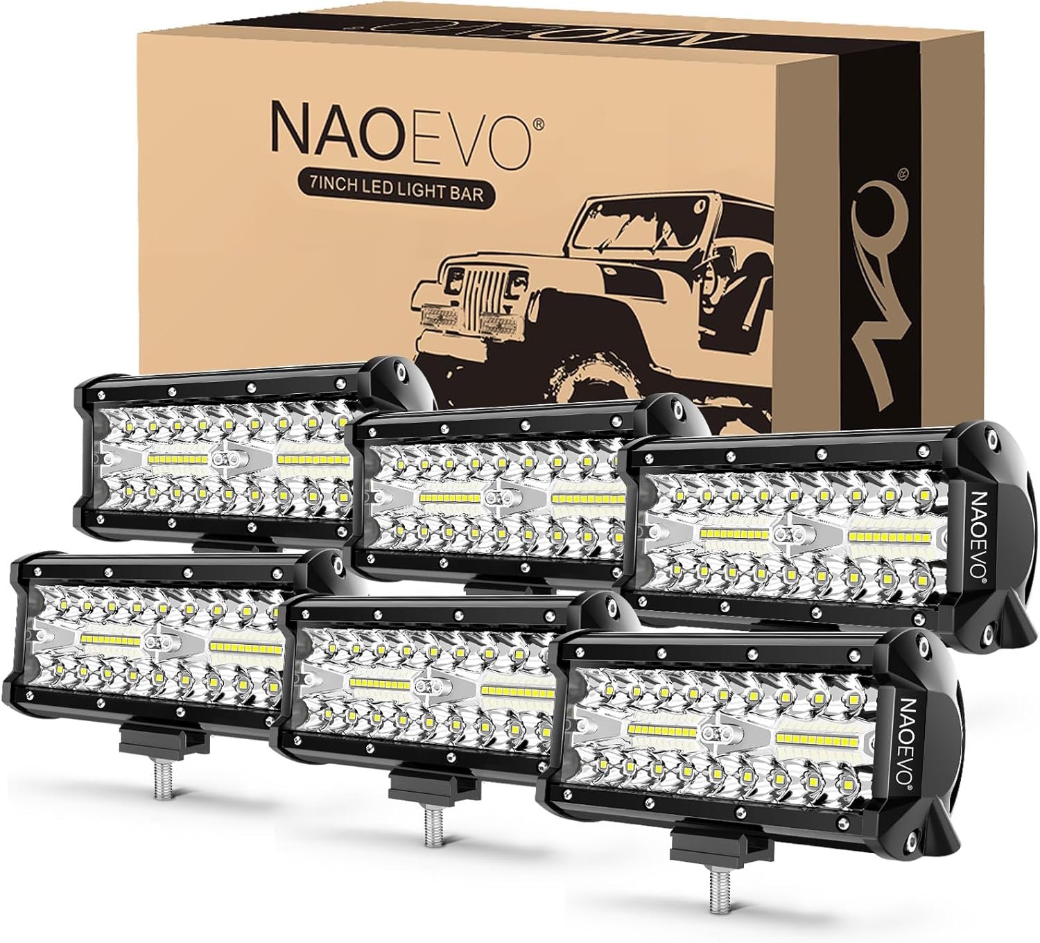NAOEVO 7 Inch LED Light Bar, 720W 72,000LM Offroad Fog/Driving Lights LED Tractor Lights with Spot Flood Combo Beam, Waterproof LED Work Lights for Truck Boat ATV UTV, 6 Pcs (White)