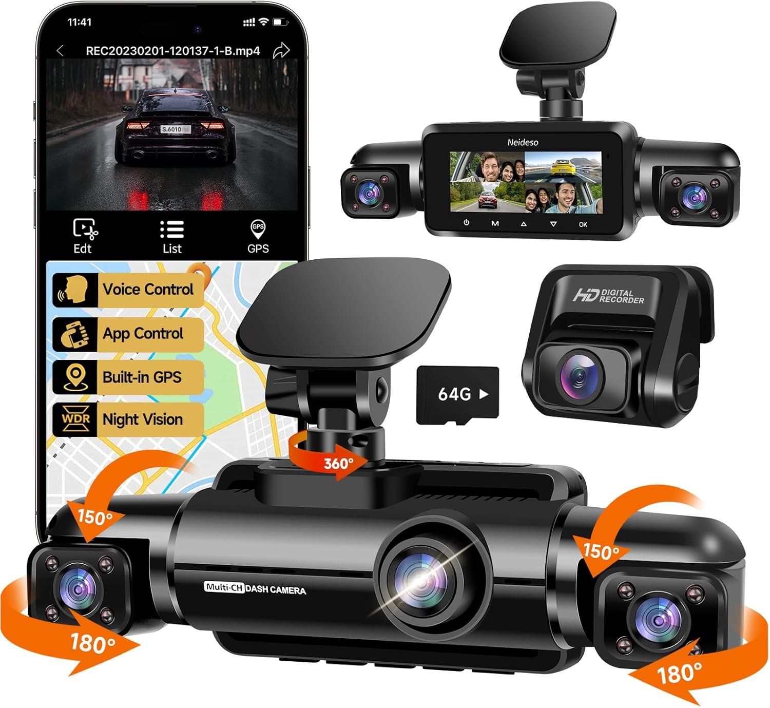 Neideso 360° Dash Cam Front and Rear Inside, 4 Channel FHD 4 * 1080P, Wi-Fi GPS Voice Control Car Camera, Front 2K+1080P*2 Dash Camera for Cars, with 64GB SD Card, Night Vision, 24H Parking Mode(N300)