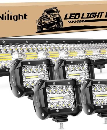 Nilight 20 Inch 420W Triple Row Flood Spot Combo Led Light Bar 4PCS 4Inch 60W LED Pods Driving Boat Lights Led Off Road Trucks Lights , 2 Years Warranty (ZH415), Black