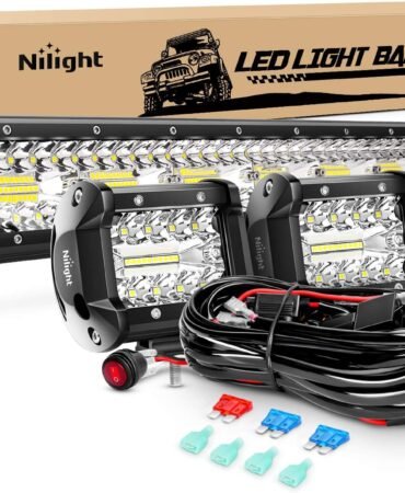 Nilight 20Inch 420W Triple Row Spot Flood Combo Led Light Bar Work Driving Lamp 2Pcs 4Inch 60W Cube LED Pods Lights for Trucks with Off-Road Wiring Harness Kit-3 Leads
