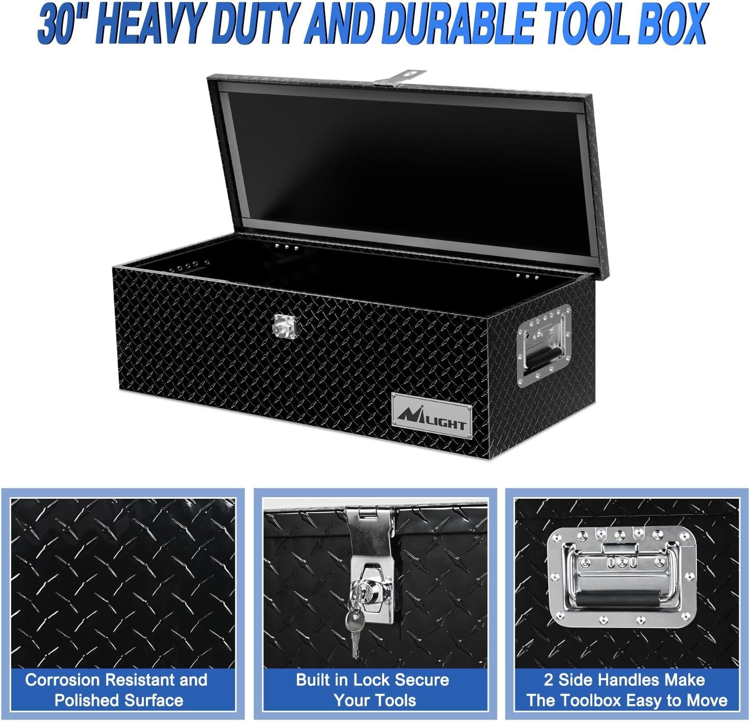 Nilight 30 Inch Truck Tool Box Heavy Duty Aluminum Diamond Plate Truck Bed Toolboxes 30''X13''X9.6'' Waterproof Pick-Up Storage Tool Boxes for Bed of Truck RV Trailer with Side Handle Lock Keys, Black