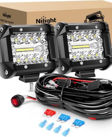 Nilight LED Light Bar 2PCS 60W 4 Inch Flood Spot Combo LED Work Light Pods Triple Row Work Driving Lamp with 12 ft Wiring Harness kit - 2 Leads