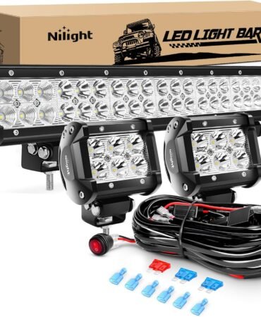 Nilight - ZH002 20Inch 126W Spot Flood Combo Off Road Led Light Bar 2PCS 18w 4Inch LED Pods With 16AWG Wiring Harness Kit-3 Lead For Tractor, 2 Years Warranty