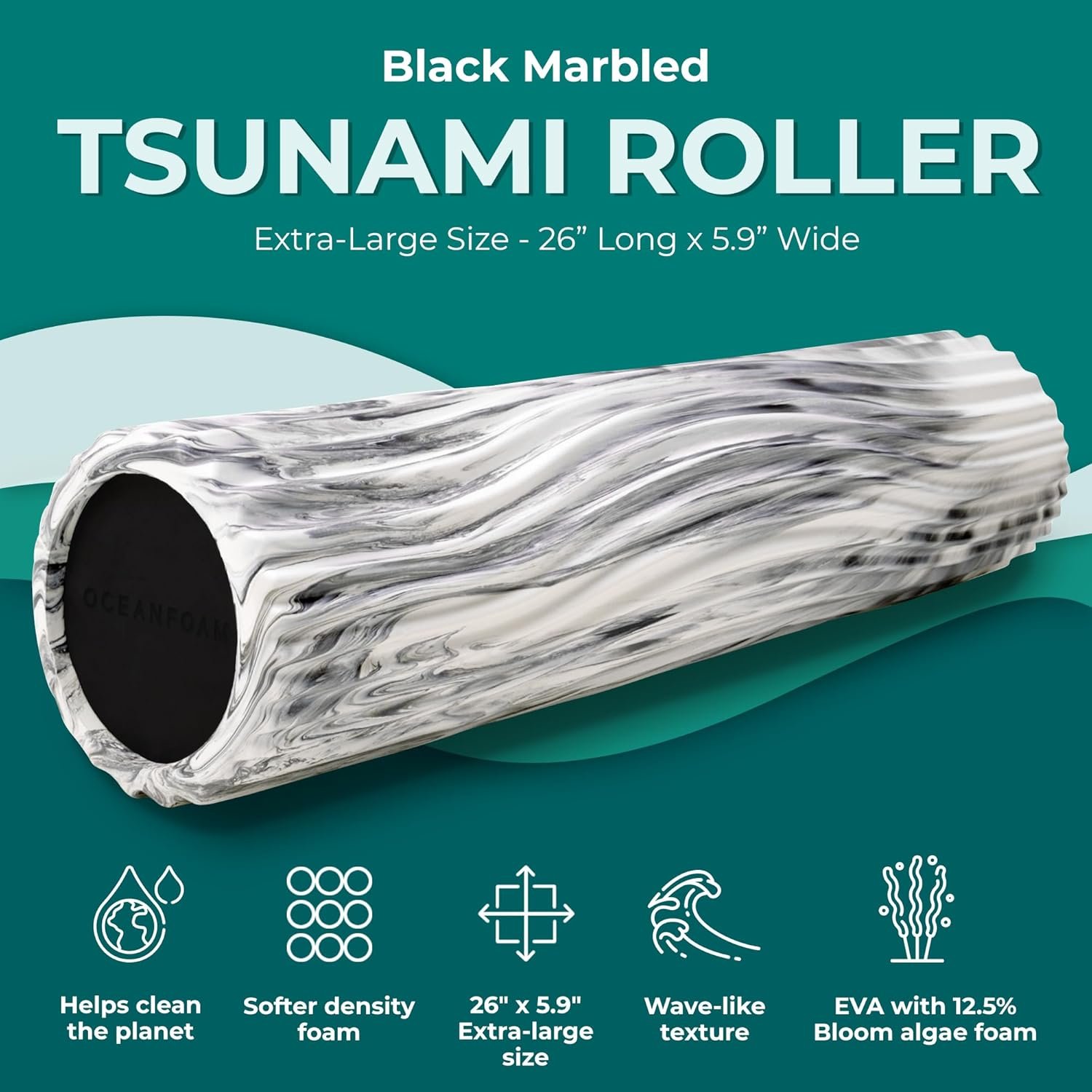 Oceanfoam Tsunami Roller (Black Marbled) - Extra-Large, 26" x 5.9" - Soft, Textured Foam Roller for Physical Therapy, Back Pain, Exercise & Stretching - Wave Textured - Yoga, Athletics, & Wellness