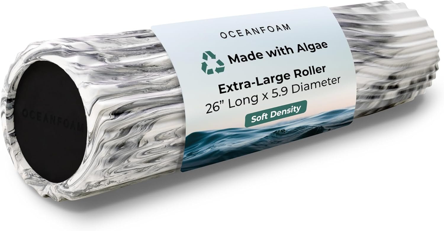 Oceanfoam Tsunami Roller (Black Marbled) - Extra-Large, 26" x 5.9" - Soft, Textured Foam Roller for Physical Therapy, Back Pain, Exercise & Stretching - Wave Textured - Yoga, Athletics, & Wellness