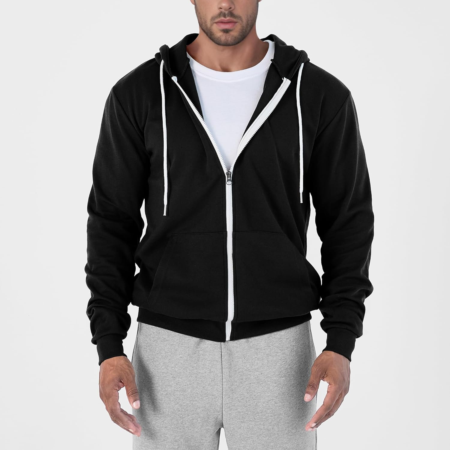 Ohoo Mens Slim Fit Zip Up Hoodie Cotton Blend Soft Fabric Basic Layering Comfy Jacket with Hidden Smart Pocket
