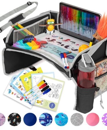 PILLANI Kids Travel Tray for Car - Car Seat Tray with Activity Sheets & Pens, Road Trip Essentials for Car & Airplane, Must Have Toddler Travel Lap Desk Accessories - Road Trip Activities for Kids