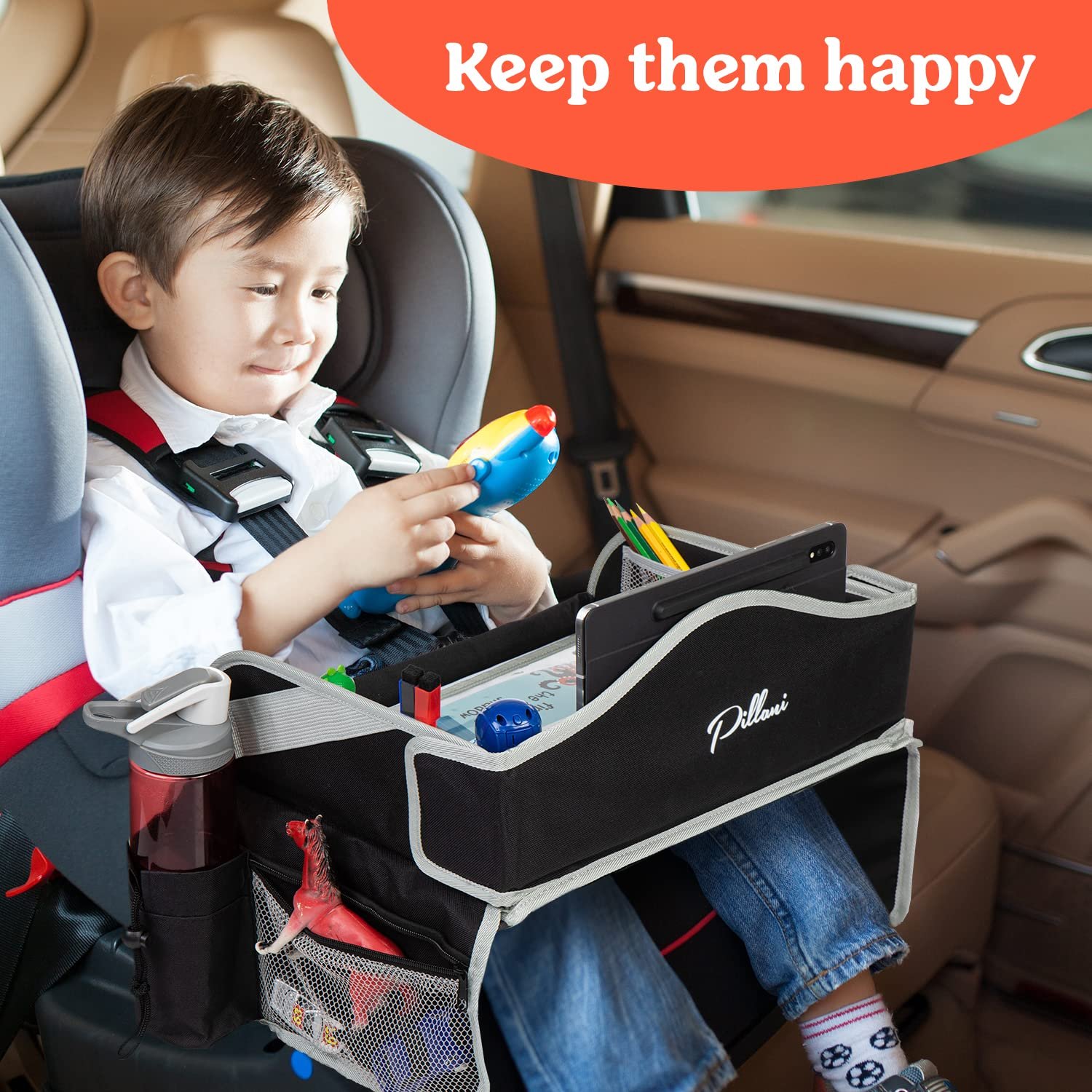 PILLANI Kids Travel Tray for Car - Car Seat Tray with Activity Sheets & Pens, Road Trip Essentials for Car & Airplane, Must Have Toddler Travel Lap Desk Accessories - Road Trip Activities for Kids