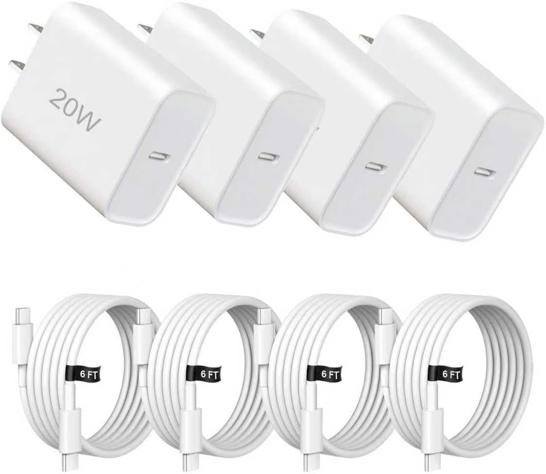 Phone Charger Fast Charging,4 Pack 20W Portable Charger with 6FT USB C Cable for iPhone 17/Pro/Pro Max/17 Air/16/16 Pro/16 Pro Max/15/Plus/Pro/Pro Max (White, USB Type C)