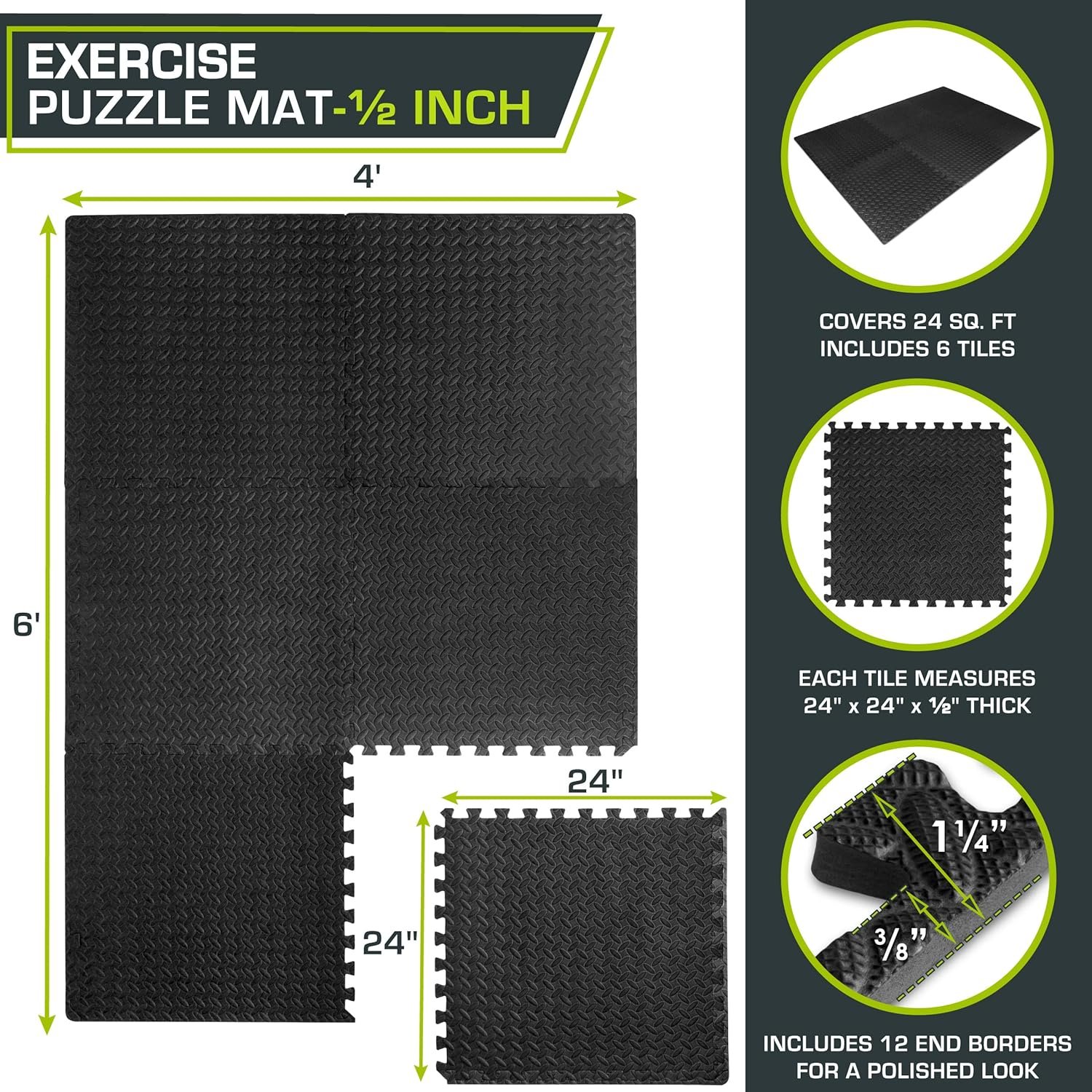 ProsourceFit Exercise Puzzle Mat ½-inch, EVA Interlocking Foam Floor Tiles for Home Gym, Workout Equipment, Kids Play Areas, Black, 24 SQ FT - 6 Tiles