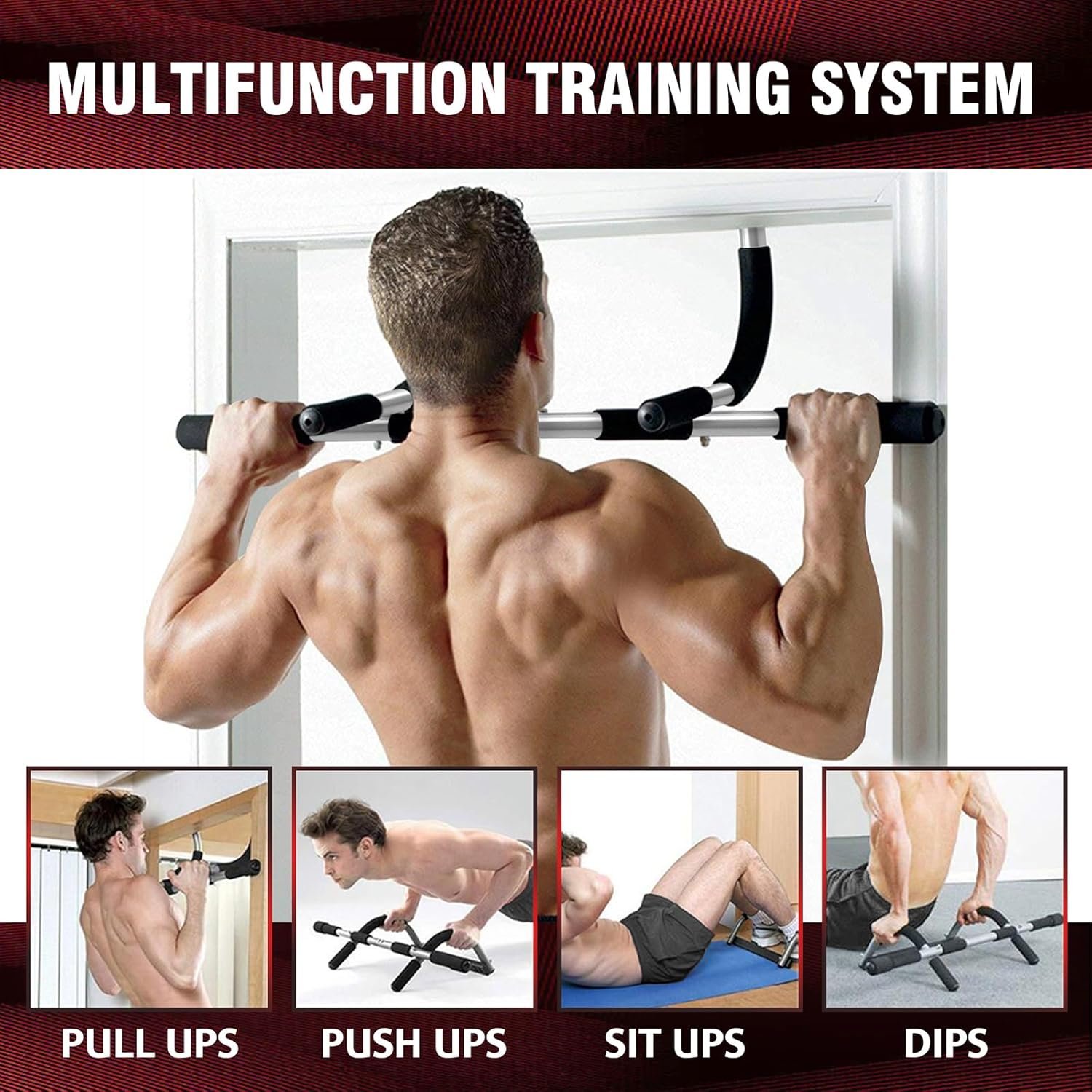 Pull Up Bar for Doorway, Upgrade Chin up Bar for Doorway Without Screws, Portable Strength Training Door Frame Pull-up Bars, Door Workout Bar with Foam Grips for Home