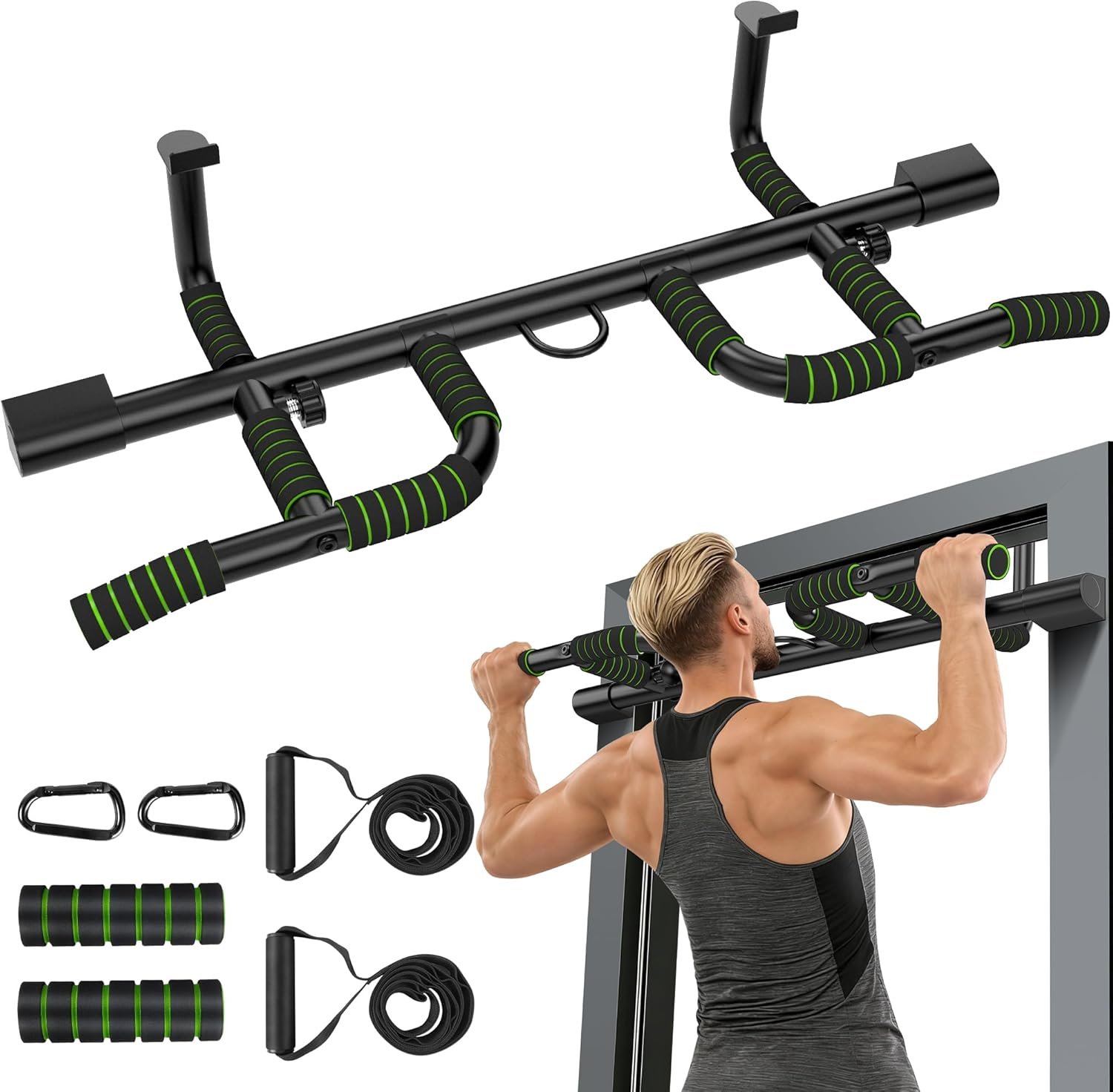 Pull Up Bar for Doorway Upgrade Multi-Grip Pullup Door Strength Training Pull-Up Bars Frame Chin Hanging Exercise Home Doorframe Dead Hang Without Screws Over the at Indoor No Way, Up To 440 Lbs