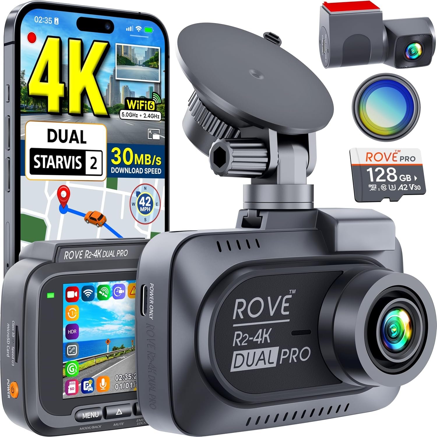 ROVE R2-4K Dual PRO Dash Cam Front and Rear, 4K+2K Dash Camera for Cars, Dual STARVIS 2 IMX678 + IMX675 Sensors, Free 128GB Card + CPL, WiFi 6 - up to 30MB/s Download Speed, 3" IPS, 24Hr Parking Mode