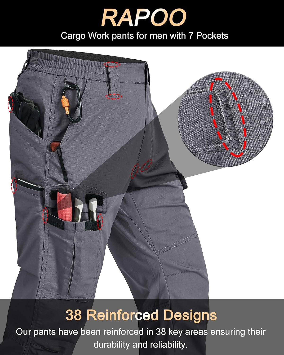 Rapoo Mens Cargo Pants Ripstop Water Resistant Breathable Tactical Hiking Pants with 7 Pockets