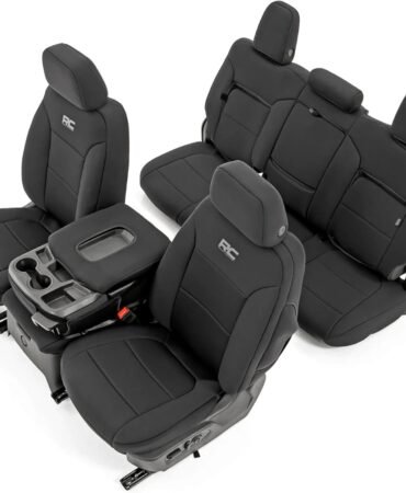 Rough Country Neoprene Seat Covers for Chevy Silverado & GMC Sierra 1500 (2019-2026) w/Rear Seat Storage & Cup Holder - Waterproof & UV Resistant, Foam Padded, Front & Rear Row Cover Set