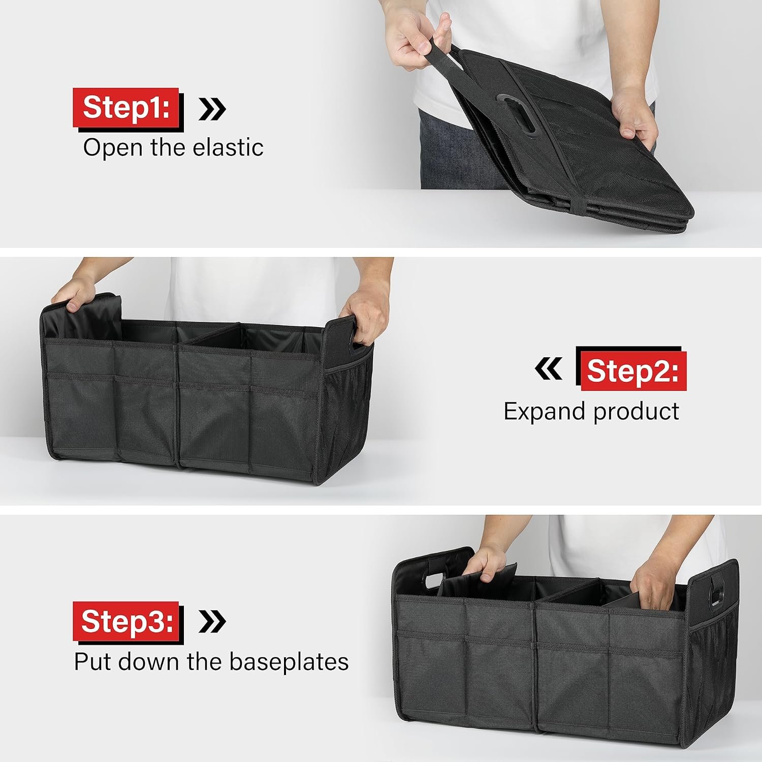 Simple Deluxe Car Trunk Organizer, 2 Compartments Collapsible Trunk Storage, Anti-slip Design, Made of Waterproof 600D Oxford Polyester, Suitable for SUV, Minivan, Truck, Standard Size, Black