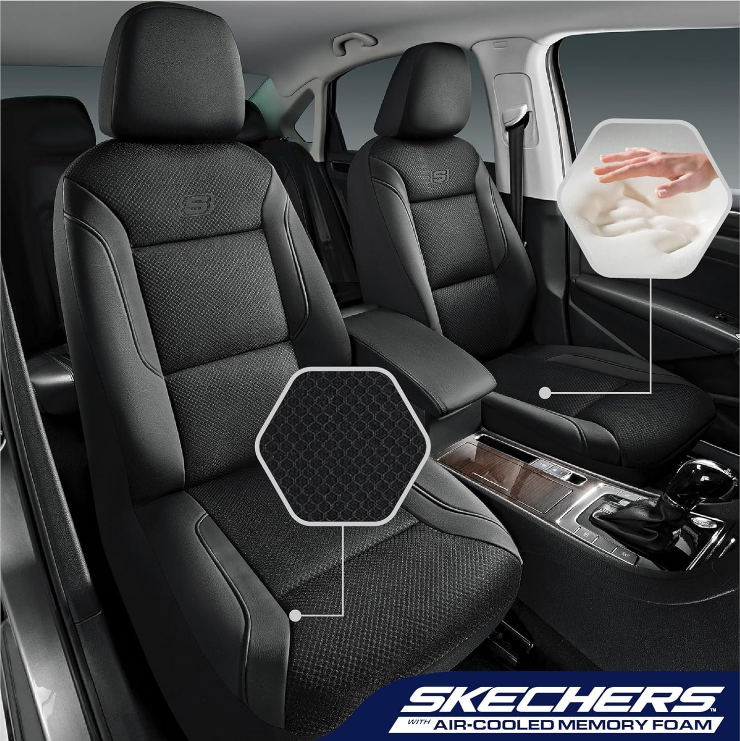 Skechers Memory Foam Seat Covers, Air Cool Mesh Thick Car Seat Covers, Car Seat Covers Front Seats Airbag Compatible, Universal Automotive Comfort for Most Cars, Vans, Trucks, SUV,Black