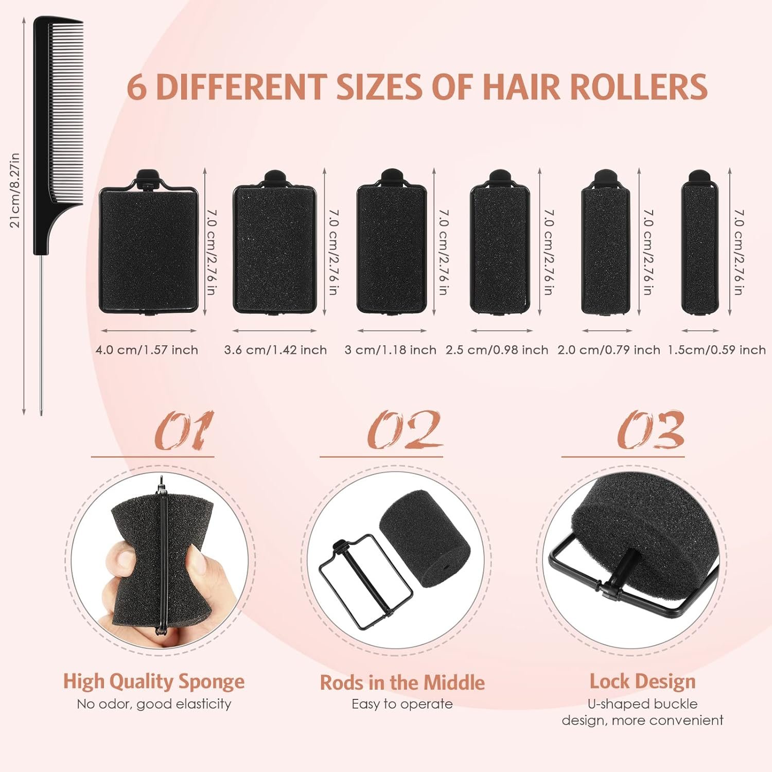Syhood 56 Pcs Foam Sponge Hair Rollers 6 Sizes Soft Sleeping Curlers Flexible Sponge Curler Tool Rat Tail Comb for Long Short Hair Styling(Black)