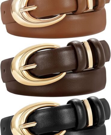 TRIWORKS 3 Pack Women Leather Belt for Jeans Pants Fashion Ladies Faux Leather Belt with Gold Buckle