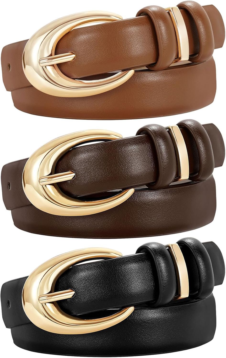 TRIWORKS 3 Pack Women Leather Belt for Jeans Pants Fashion Ladies Faux Leather Belt with Gold Buckle