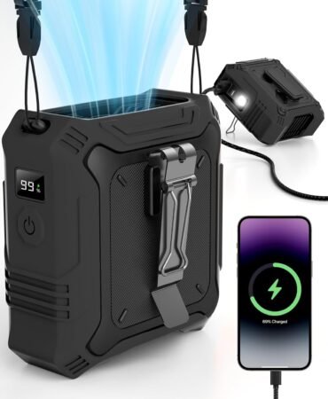TUNISE Portable Fan with 5-Speed Settings, Dual-Sided Clip on Wearable Belt Waist Fan for 8000mAh, 2 Settings including Flashlight,Travel Essential for Outdoor Camping as Power Bank