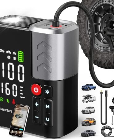 Tire Inflator Portable Air Compressor, SuperBars 3X Faster Air Pump with APP, 160PSI 48LPM Electric Tire Pump with 10400mAh Battery, 45W Faster Charging, Tire Inflator for Car SUV Pickup RV MPV Truck