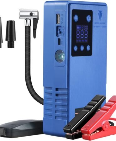 Tire Inflator Portable Air Compressor with Jump Starter 12V Battery Booster Air Pump Car Tires Accessories Tire Pump with Digital Pressure Gauge with Power Bank Multifunctional Integrated Machine