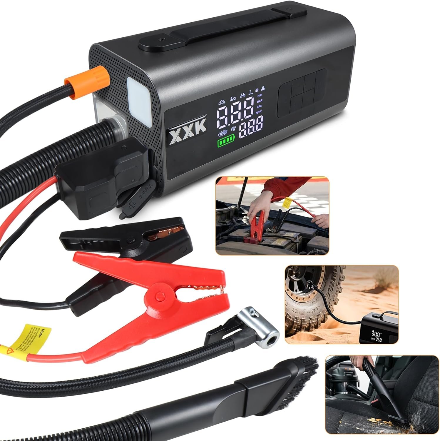 Tire Inflator Portable Air Compressor,2000A Battery Car Jump Starter, Auto Shut-Off,160PSI Air Pump with Tire Gauge Pressure&LED Light,15000PA Vacuum with Suction &Blow, for Cars, Motorcycles, Balls