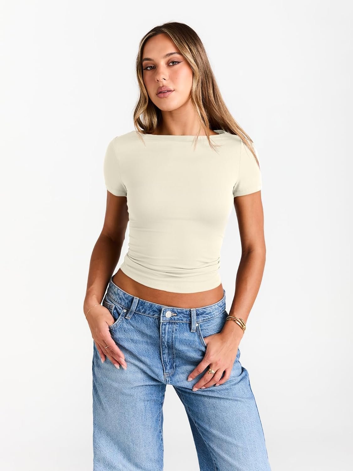 Trendy Queen Womens Boat Neck Short Sleeve T-Shirts Fitted Compression Basic Tops