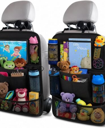 ULEEKA Car Backseat Organizer with 10" Table Holder, 9 Storage Pockets Seat Back Protectors Kick Mats for Kids Toddlers, Travel Accessories, 2 Pack