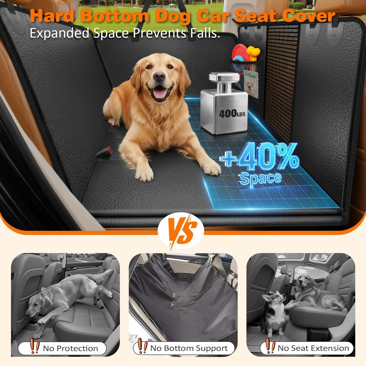URPOWER Hard Bottom Dog Car Seat Cover for Pets 100% Waterproof Seat Cover Hammock 600D Heavy Duty Scratch Proof Nonslip Durable Back Seat Covers for Cars Trucks and SUVs
