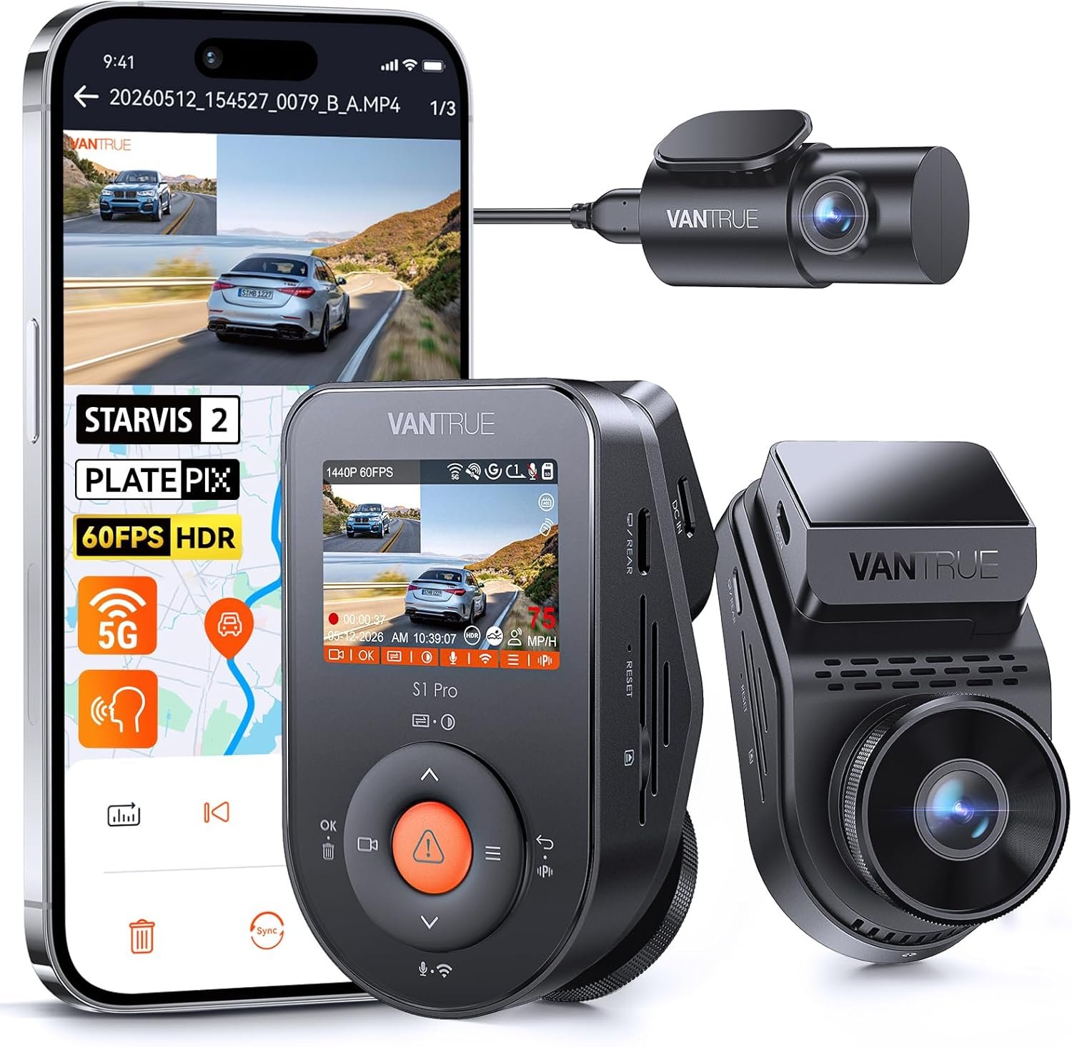 Vantrue S1 Pro Dash Cam Front and Rear, 60FPS STARVIS 2 Dash Camera, PlatePix™ Tech, AI Dual Dash Cam with ADAS & BSD, Night Vision Car Camera with 5G WiFi, GPS, Voice Control, 24/7 Parking Mode