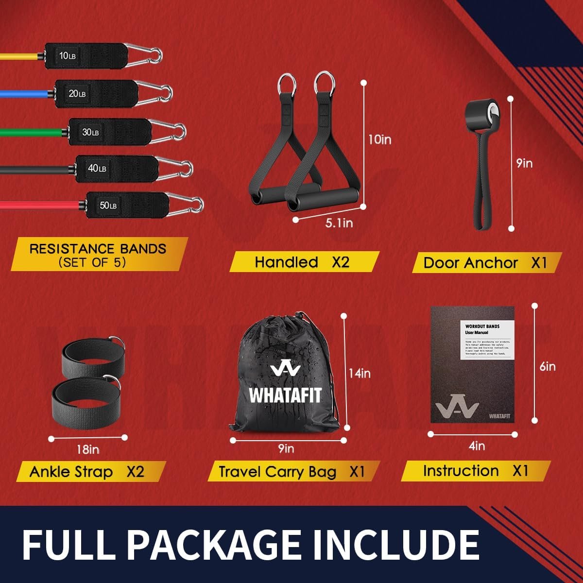 WHATAFIT Resistance Bands, Exercise Bands, Workout Bands with Handles, Door Anchor and Ankle Straps, 5 Resistance Levels Fitness Bands for Strength Training, Physical Therapy, and Home Gym Equipment