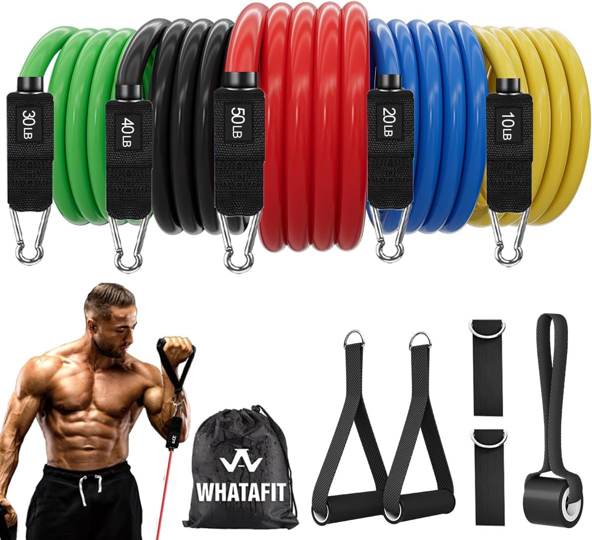 WHATAFIT Resistance Bands, Exercise Bands, Workout Bands with Handles, Door Anchor and Ankle Straps, 5 Resistance Levels Fitness Bands for Strength Training, Physical Therapy, and Home Gym Equipment