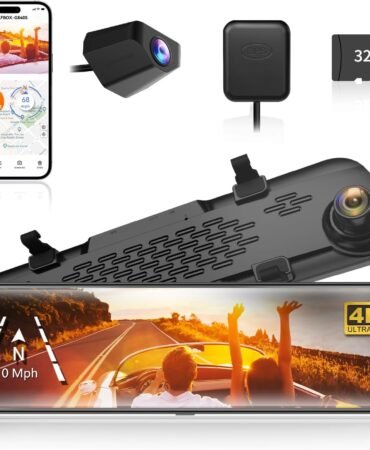 WOLFBOX G840S 12" 4K Mirror Dash Cam Backup Camera, 5.8GHz WiFi Smart Rearview Mirror for Cars & Trucks, Front and Rear View Dual Cameras, Night Vision, Parking Assistance, Included 32GB Card & GPS