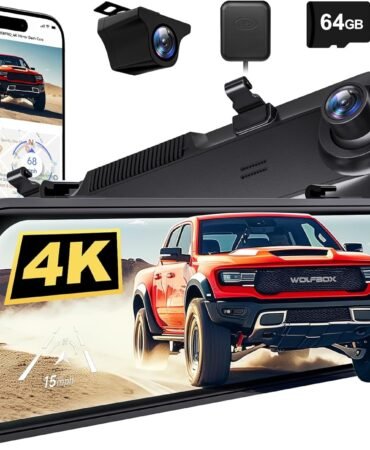 WOLFBOX G850 PRO 4K Mirror Dash Cam with ADAS and BSD, Smart Rear View Mirror with 5.8GHz WiFi, Voice Control, 12 inches Camera Includes 64GB Card, GPS, G-Sensor, Loop Recording
