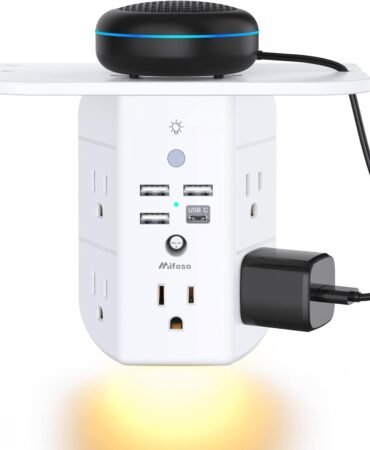 Wall Outlet Extender with Shelf and Night Light, Surge Protector, Wall Mount Charger Multi Plug Expander with 5 AC Outlets and 3 USB A Ports 1 USB C, Wide Space 3-Sided Power Strip Multi Plug Outlets
