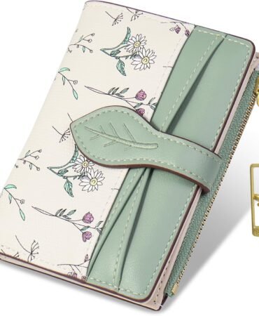 Wallets for Women- RFID Blocking- Soft PU Leather Bifold Coin Zipper Pocket Purse-Small flower wallet Credit Card Holder with ID Window (Green)
