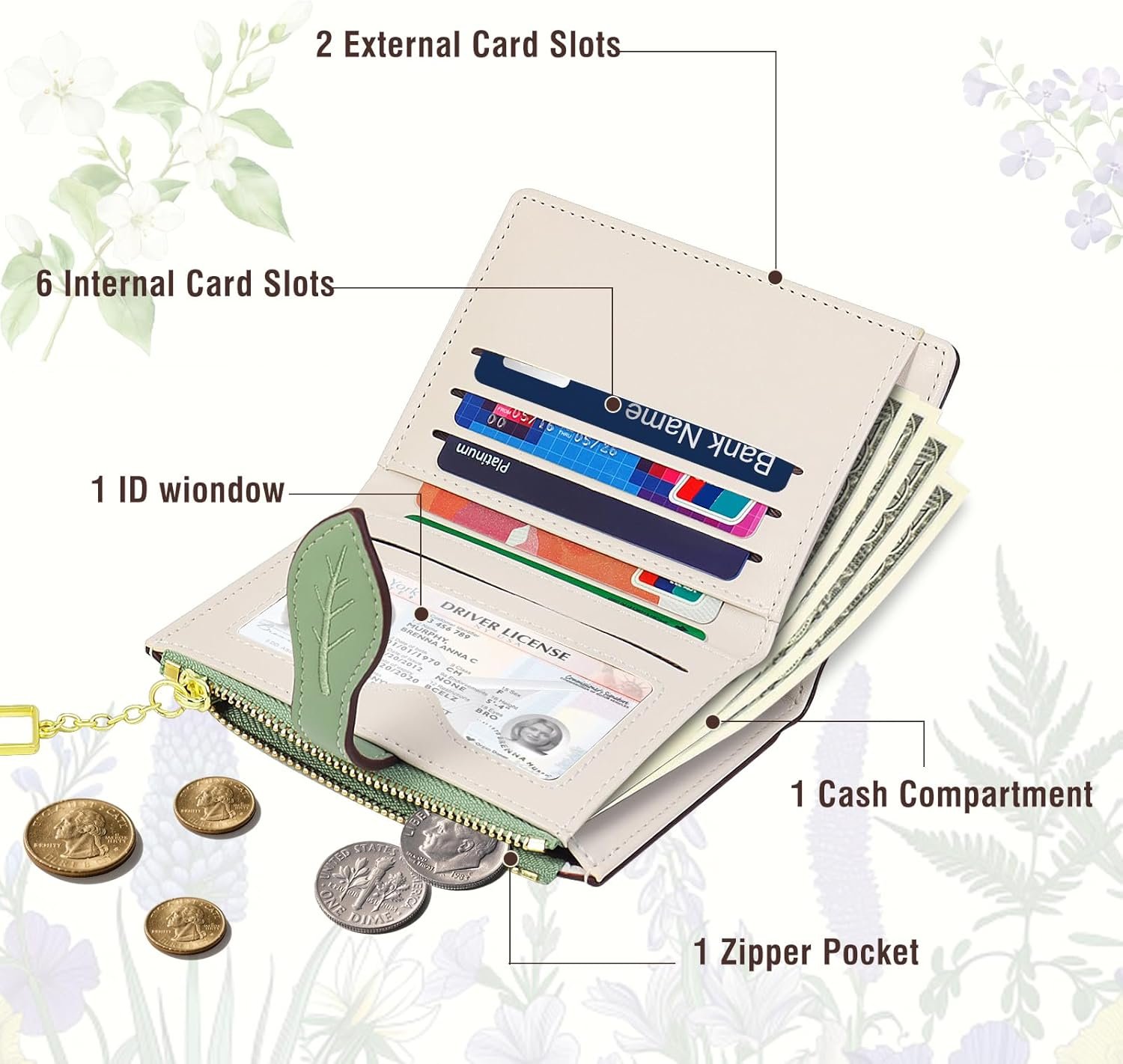 Wallets for Women- RFID Blocking- Soft PU Leather Bifold Coin Zipper Pocket Purse-Small flower wallet Credit Card Holder with ID Window (Green)