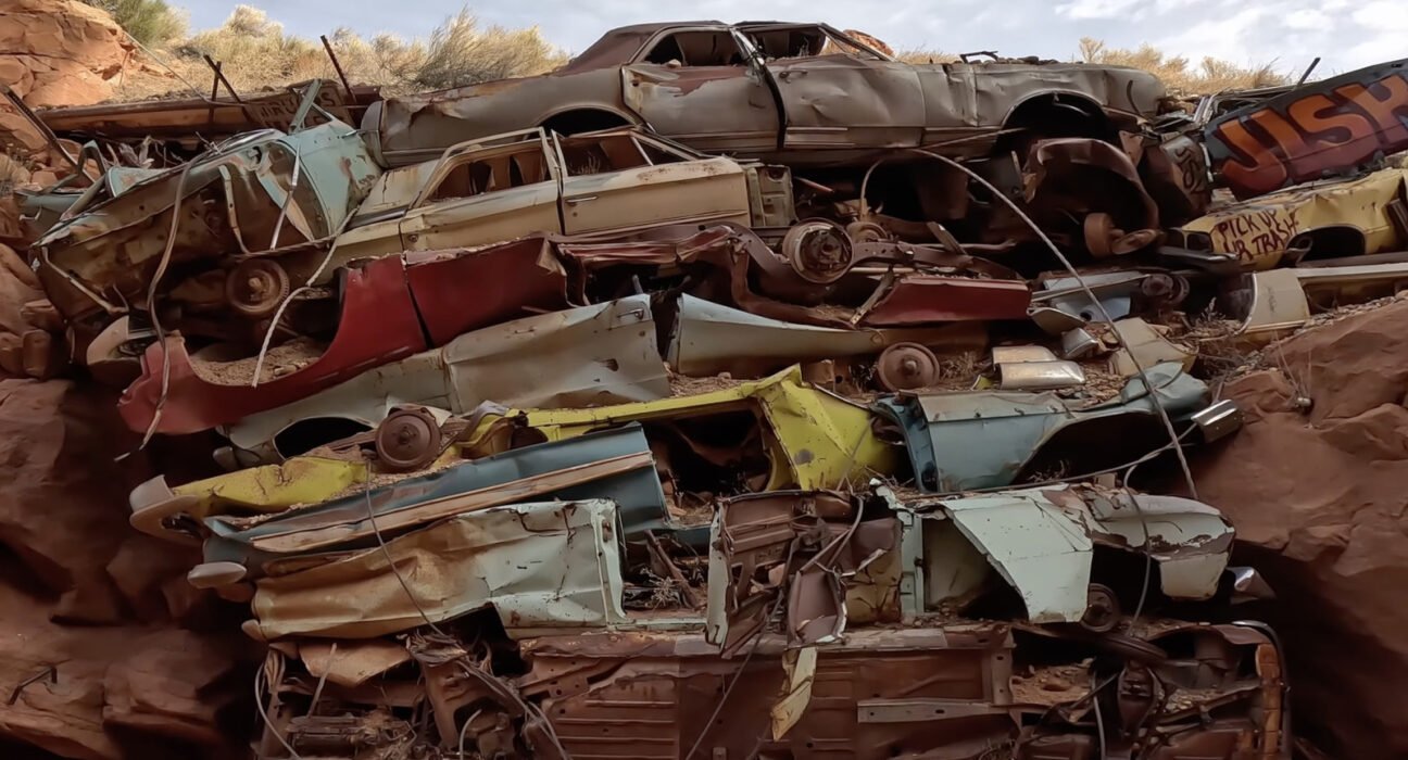 Why is there a wall of junk cars in Utah Canyon?