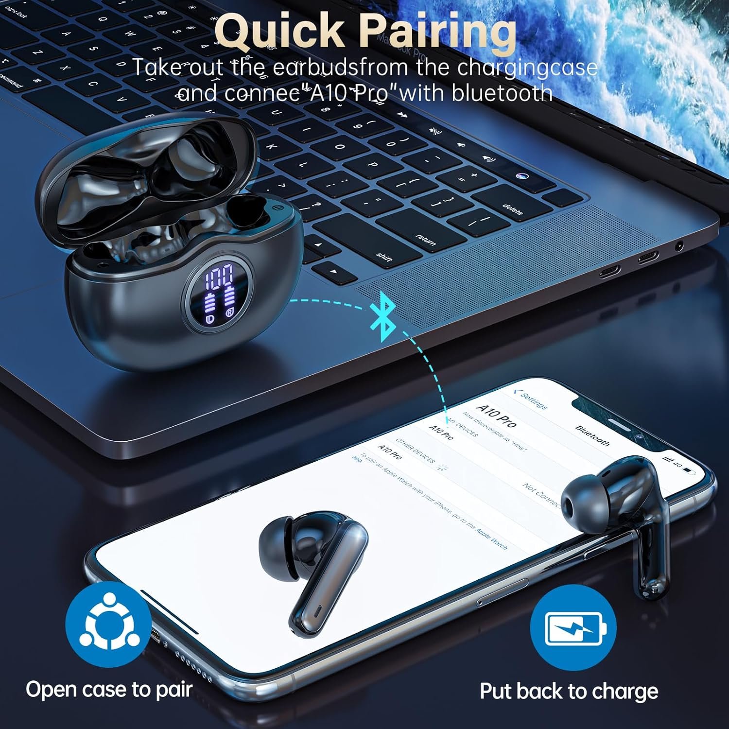 Wireless Earbuds, Bluetooth 5.3 Headphones HiFi Stereo 50H Playback LED Digital Display Ear Buds with ENC Noise Canceling Headset, IPX7 Waterproof Earphones for Gym/Running/Work (Black)