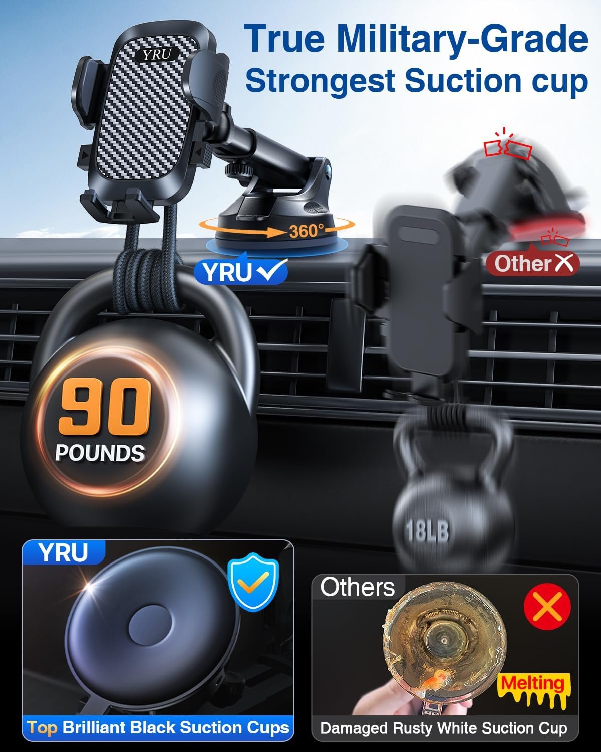 YRU True Military-Grade [360° Rotation Suction] 2026 Ultimate Car Phone Holder Mount【90+LBS Safest Strongest & Patent Certs】 Dash Windshield Vent for iPhone 17 16 Pro Max with Dash Accent,Gloss Black