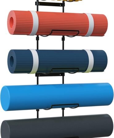 Yoga Mat Holder Wall Mount, Wall Rack Organizer, Storage Foam Roller and Block, with 5 Sectional and 3 Hooks for Hanging Yoga Strap, Resistance Bands at Fitness Class or Home Gym, Decor(Black)