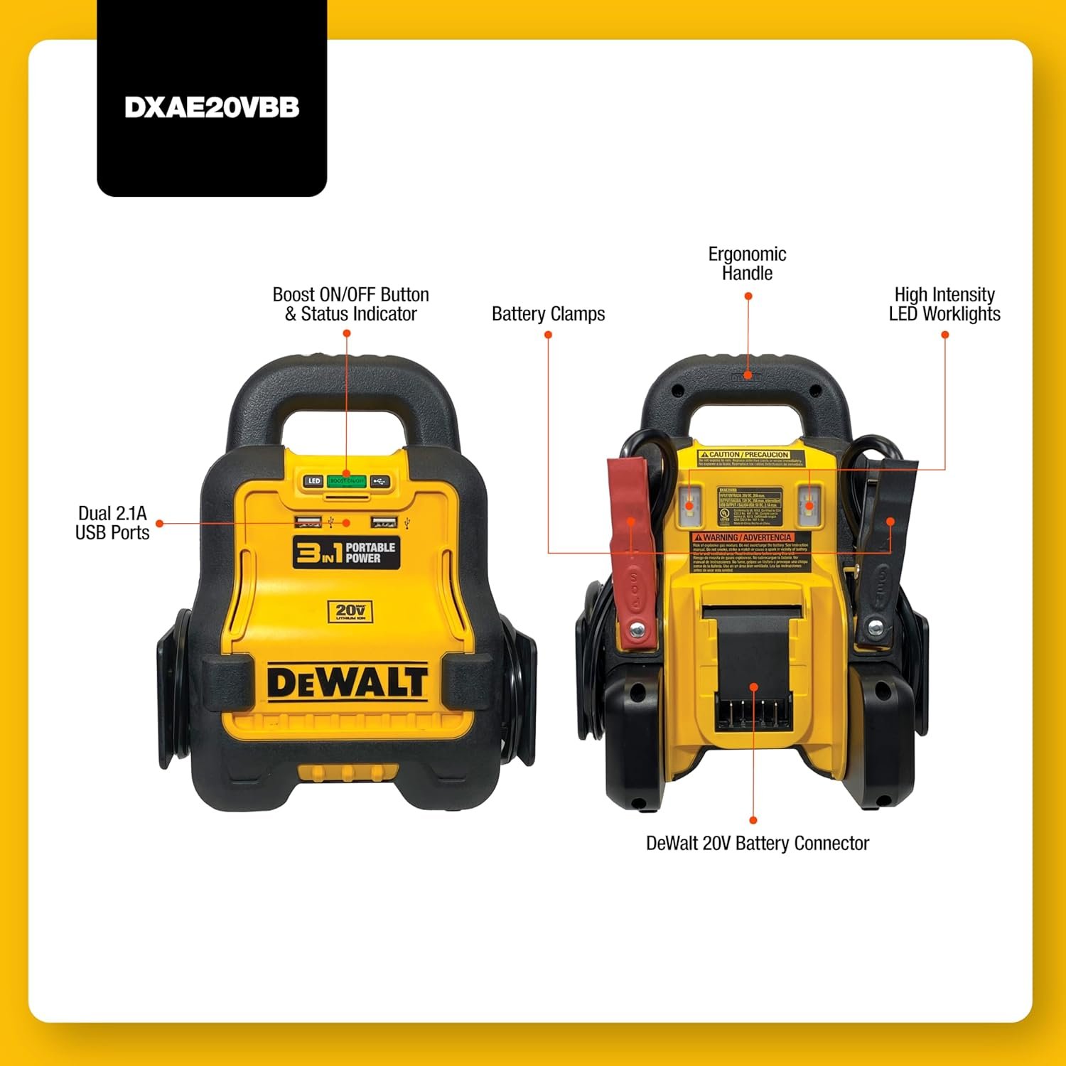 DEWALT DXAE20VBB Automotive Battery Booster and 12V Jump Starter with USB Power Station: Powered by Standard 20V MAX and FLEXVOLT Tool Batteries