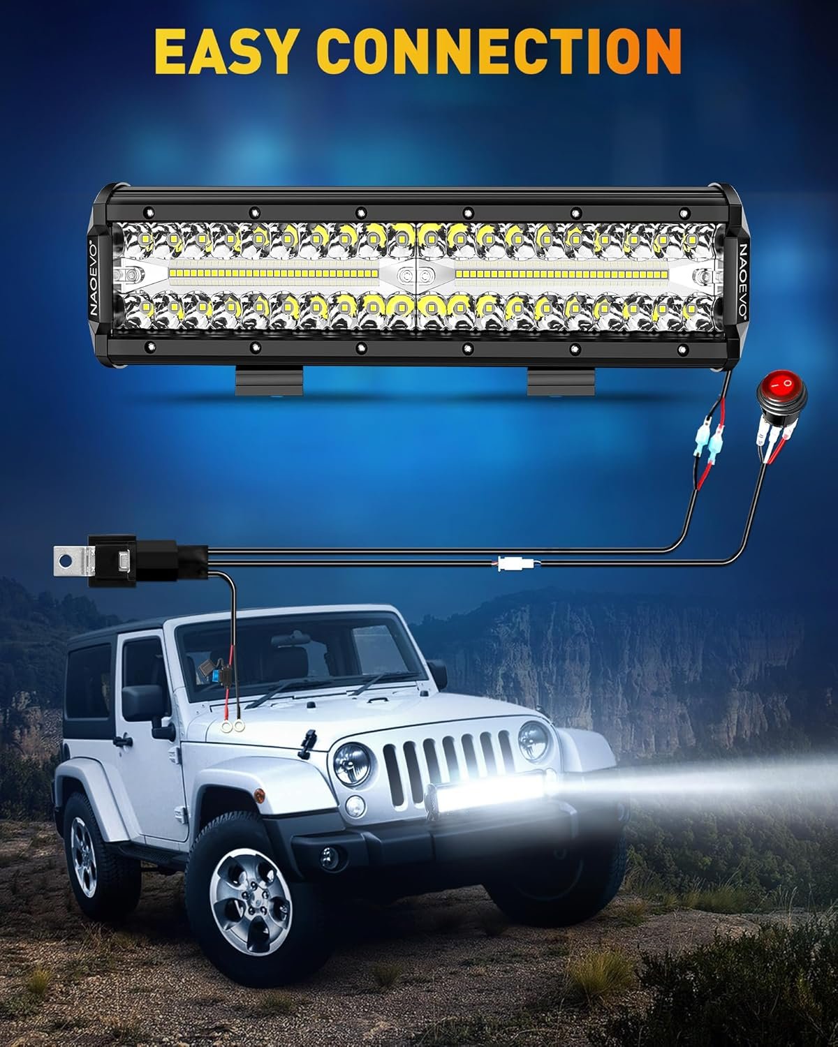 NAOEVO 12 Inch LED Light Bar, 300W 30000LM LED Offroad/Driving/Fog Lights with Wiring Harness Kit, Spot Flood Work Lights for Truck UTV ATV Golf Cart Boat, 1 Pc (White)