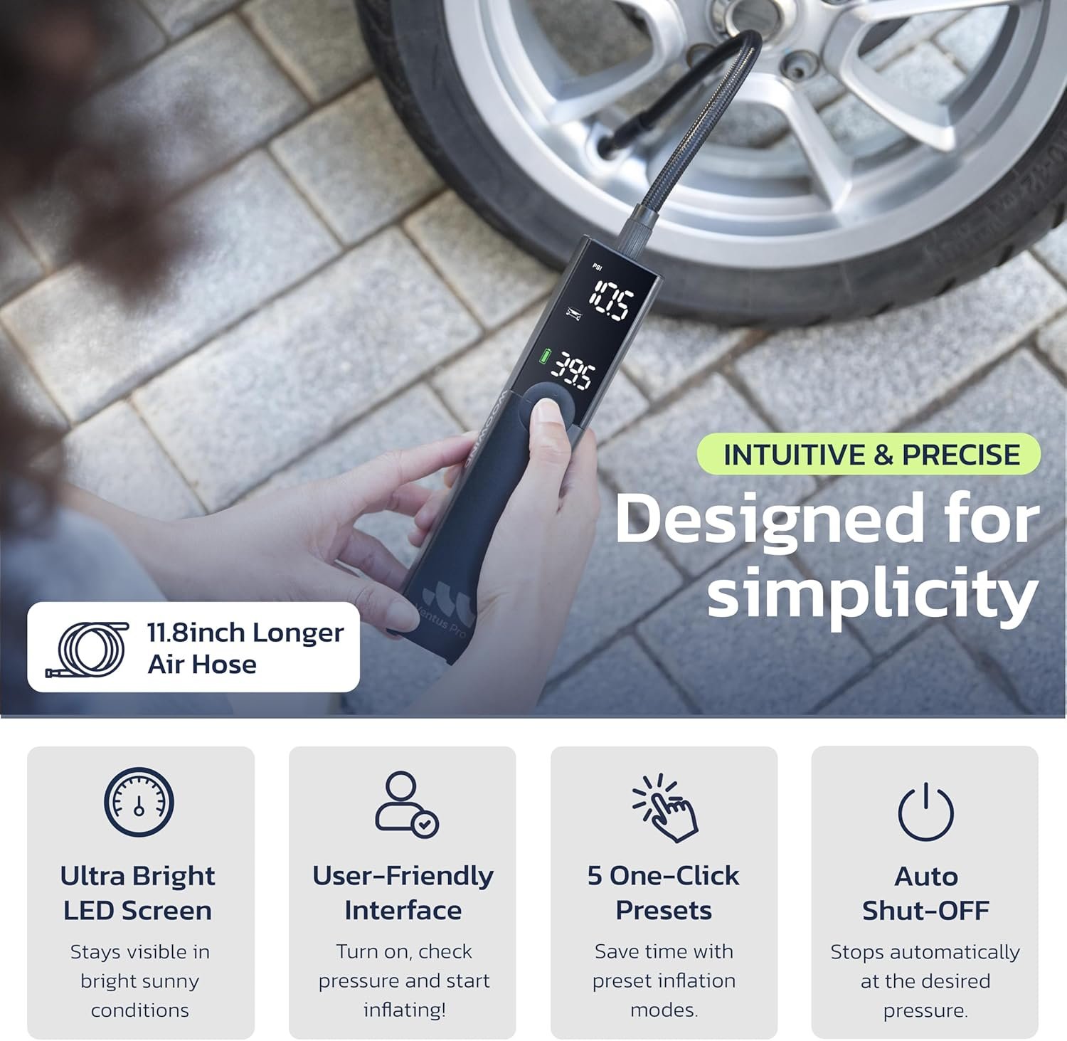 Ventus Pro Tire Inflator Portable Air Compressor, 3X Faster, 150PSI Air Pump for Car Tires, Tire Pump, with 12V DC Cord for Trucks & Off-Road Tires, Auto Shut Off-by Woowind