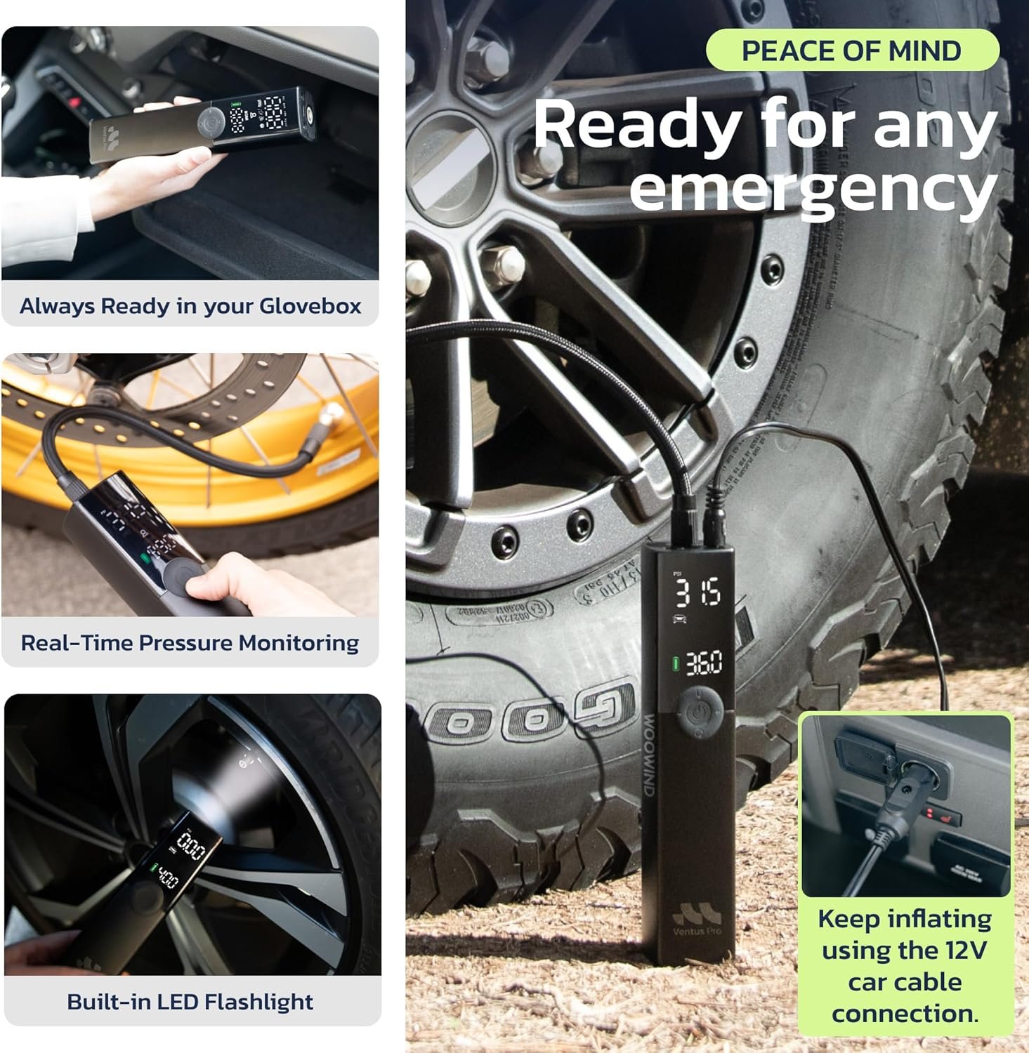 Ventus Pro Tire Inflator Portable Air Compressor, 3X Faster, 150PSI Air Pump for Car Tires, Tire Pump, with 12V DC Cord for Trucks & Off-Road Tires, Auto Shut Off-by Woowind