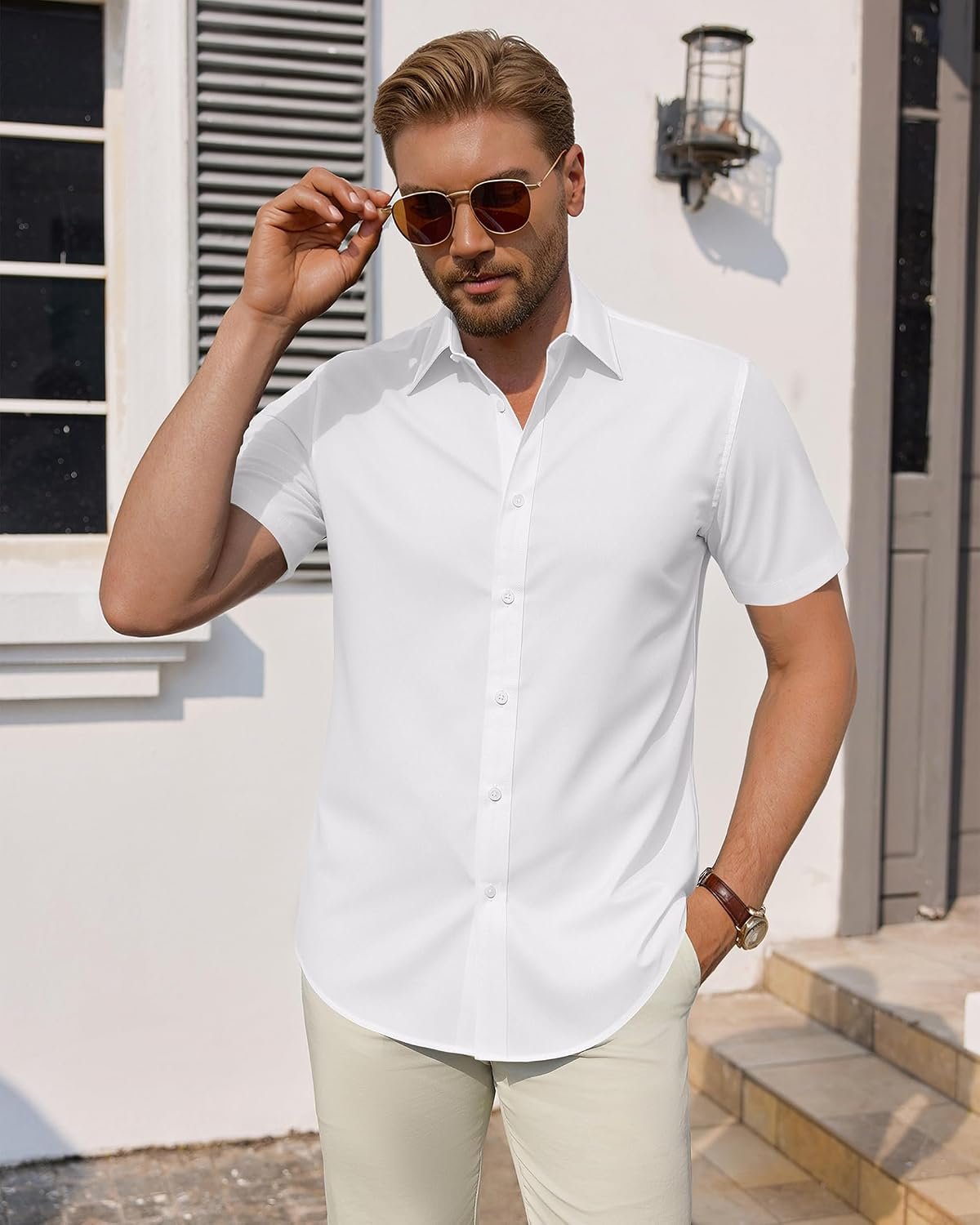 Men's Short Sleeve Dress Shirts Stretch Stain Shield Business Casual Button Down Shirts Solid Formal Wedding Tops